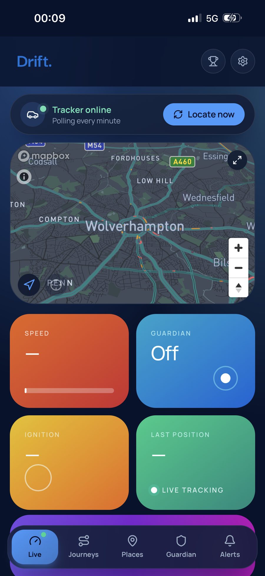 Drift app Live tab showing dark map, tracker online status and speed metrics